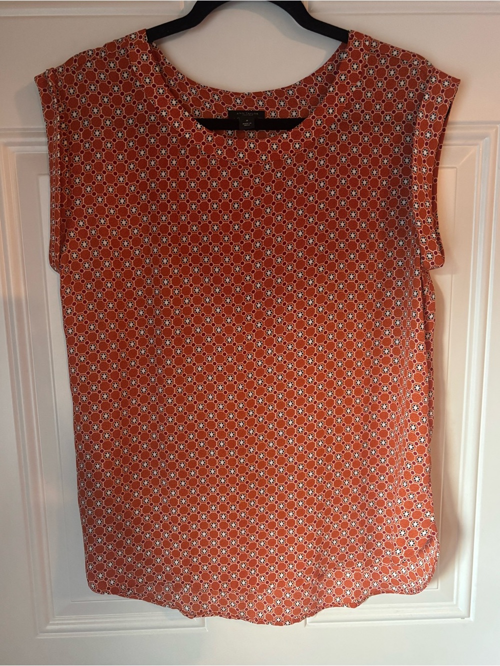 Ann Taylor Factory Orange Geometric Cap-Sleeve Blouse